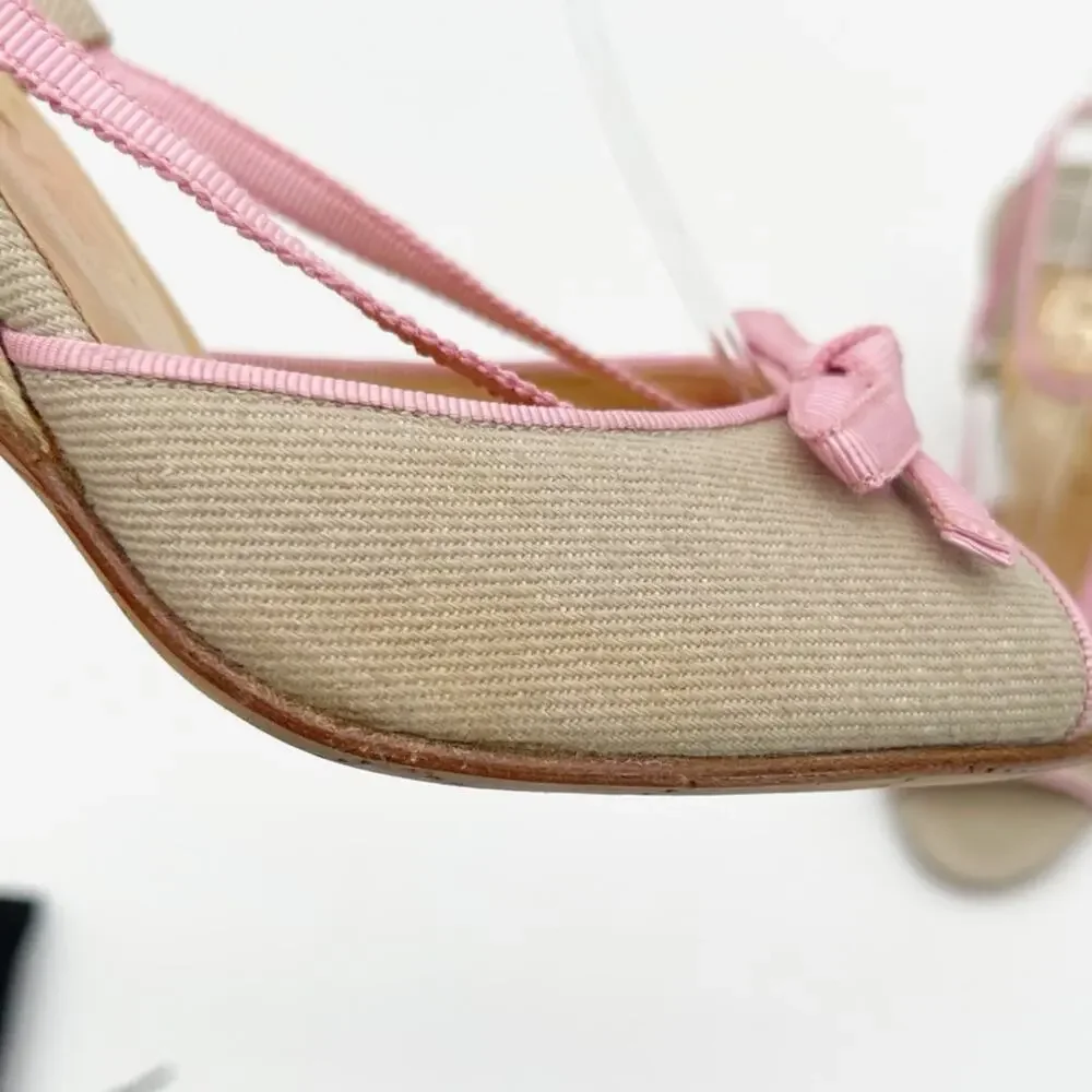 Chanel Vintage Beige Canvas Pink Grosgrain CC Bow Strappy Sandals Heels EU 36